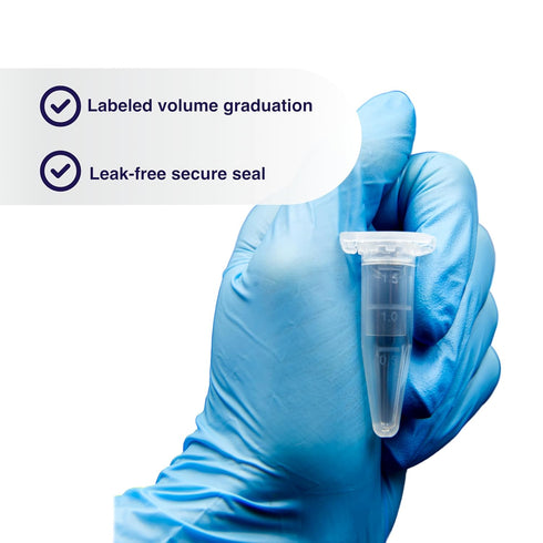 1.5mL Microcentrifuge Tube with Safe Lock Snap Cap, 500/Pack, Clear Graduation, Polypropylene, Plastic Lab Tubes