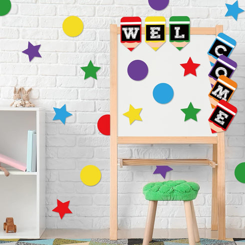 Whaline 57 Pieces Colorful Pencil Design Welcome Bulletin Board Set Back Banner Star Dots Shape Cutouts for Classroom