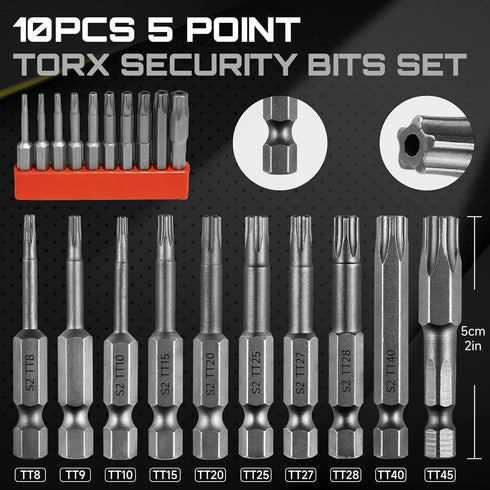 LMXMGRG 5 Set 10pcs Set S2 1/4" TT8-TT45(50mm) Point Security Torx Bit Star Bits Screwdriver Magnetic Alloy Steel