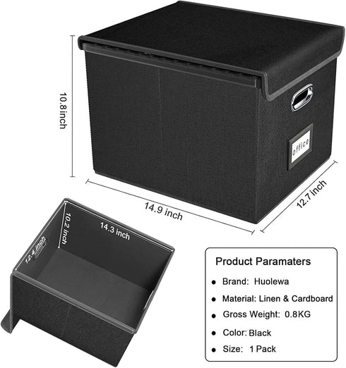 Huolewa Large Portable File Organizer Box, Black Linen Document Storage Box with Lid, Collapsible for Office/Home