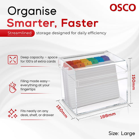 Osco 100 7" 5", 177 127 mm Clear Acrylic Index Box, Large, A to Z Divider Tabs, Lined Note Cards, x Ruled Revision