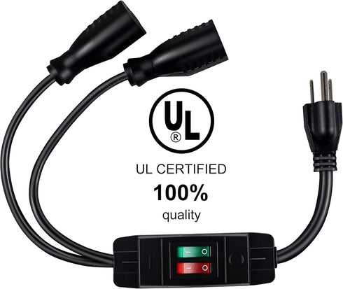 2 Way Extension Cord with On/Off Switch 3 Prong Outdoor Extension Cord Splitter, Heavy Duty Extension Cord with SJTW 14AWG 15A/125V and 18AWG 10A/125V(1.6 Ft, Black)