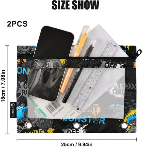 Monster Truck Tires Pencil Pouch, 2 Pack Pencil Bags for 3 Ring Binder with Clear Window & Zipper for Office Supplies