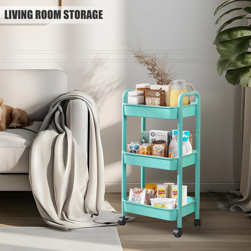 QPEY 3 Tier Utility Rolling Cart with Handle, Multifunctional Storage Organizer Rolling Carts with Wheels for Bathroom