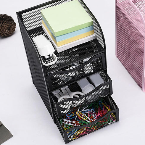 HEEPDD 3 Tier Mesh Office Desktop Organizer with 3 Drawer, Mini Desk Supplies Organizer, Metal Stationary Black Desk