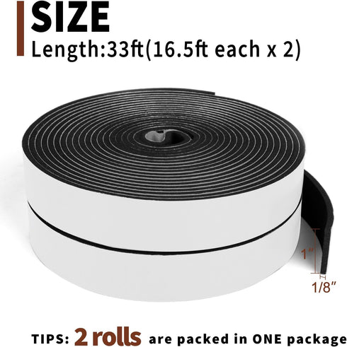 Yotache Foam Strips Adhesive, 2 Rolls 1" x 1/8", Neoprene Weather Stripping, Total 33 Feet Long