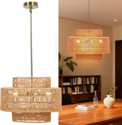 18" 3-Tier Boho Rattan Chandelier Light Shade, Hand Woven Drum Rattan Lampshade for Kitchen Island Dining Room Living