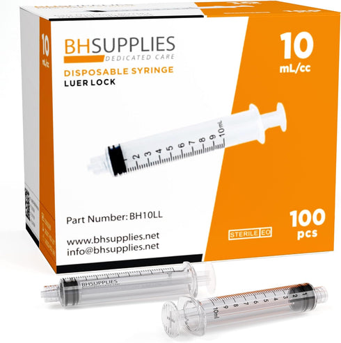BH Supplies 10ml Luer Lock Tip Syringes (No Needle), Sterile, Individually Wrapped, 100 Syringes