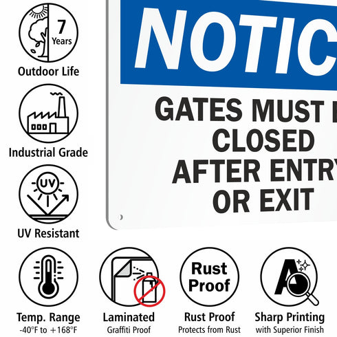 SmartSign-U9-1435-NA "Notice - Gates Must Be Closed After Entry Or Exit" Sign | Aluminum 10" x 14" - Black/Blue on White