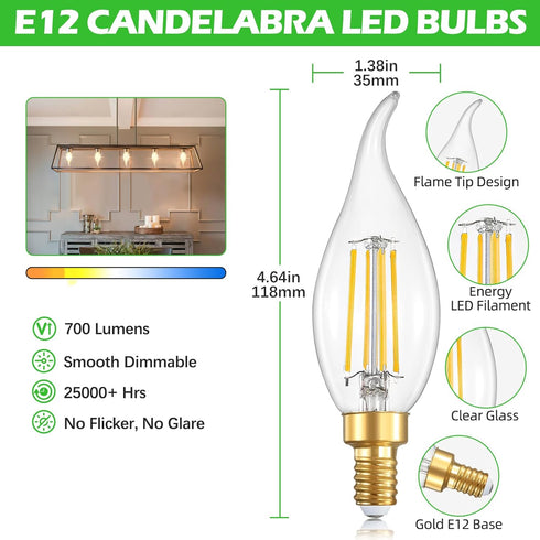 IINVGOOD 12-Pack Dimmable Bulbs 40 5000K Bulb, 4W 460 Bulbs, E12 Bulbs, 90+CRI LED Candelabra Light Watt Equivalent