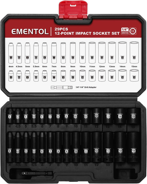 1/4" Set, 29 Set, 4-15mm, 12 EMENTOL Drive Impact Socket Pieces Deep & Shallow Socket Metric Point CR-V, Includes Drill