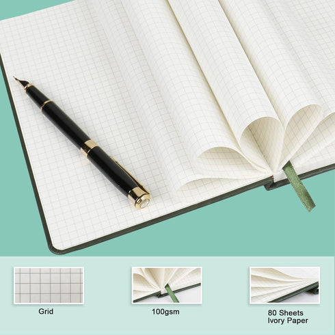 Grid Journal Bullet Notebook - Dark Green Leather Cover, 8.3 x 5.7 Inch, 160 Pages, 100gsm Paper, Hardcover with Inner