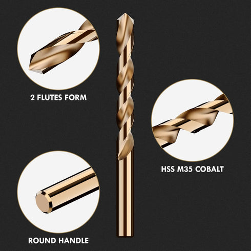 3/8" Cobalt Drill Bit Set (5pcs), M35 High Speed Steel Jobber Length Kit for Metal, Wood, and Plastic with Case