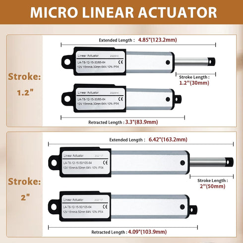 Micro Linear-Actuator 12V DC 64N/14.4lb with Remote Control, 2” Stroke Mini Metal Motion Actuator & Controller