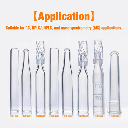Vial Insert, 6x29mm Clear Glass with Polyspring, Volume 250ul, Pack of 100