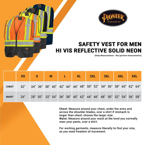 Pioneer Safety Vest for Men, Hi Vis Reflective Solid Neon, 8 Pockets, Zipper, Adjustable for Construction, Traffic,