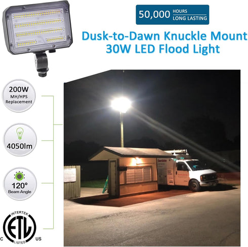 30W 5000K 4,050lm(200W AC100-277V LED Flood Light with Knuckle, Outdoor Security Fixture Light with Dusk-to-Dawn