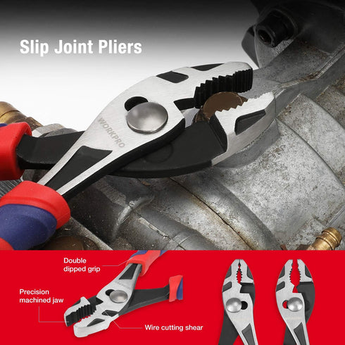 Set, 6 Inch 8 Inch 7 Inch WORKPRO Pliers Premium Cr-V Construction, Includes Slip Joint, Long Nose, Diagonal Cutting
