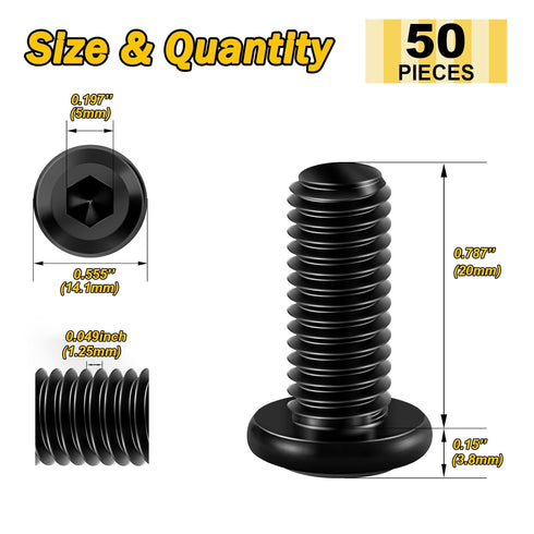 M8 x 20mm 50Pcs Flat Head Hex Socket Cap Screws, 304 Stainless Steel Furniture Bolts, Black Oxide & Hex Spanner