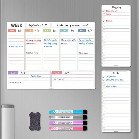 Magnetic Weekly Calendar Whiteboard for Fridge, Refrigerator Dry Erase Weekly White Board, 2 List Boards, 4 Markers