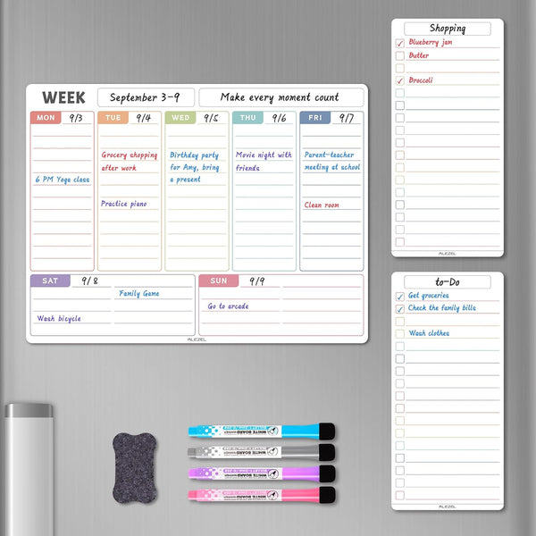 Magnetic Weekly Calendar Whiteboard for Fridge, Refrigerator Dry Erase Weekly White Board, 2 List Boards, 4 Markers