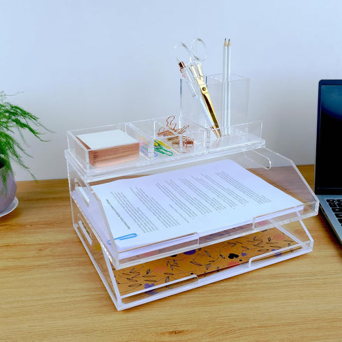 Clear Acrylic Desk Organizer 4-Piece Kit with Free Acrylic Ruler, Desktop Organization for Office or Home