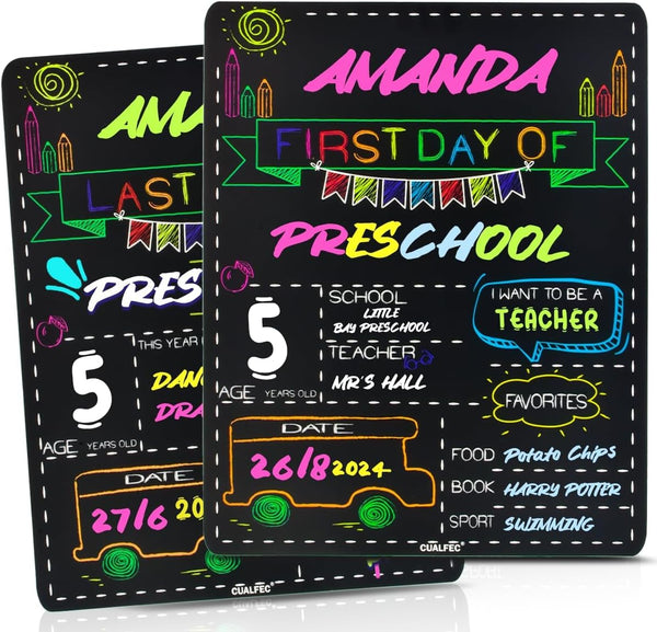 Personalized First Day and Last Day of School Sign, 13" x 16" Large Chalkboard Style Photo Prop - 2 Pcs