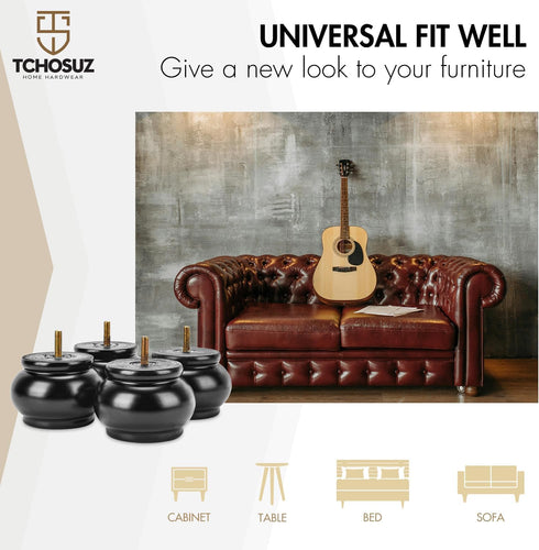 TCHOSUZ 2.4 inch 6cm Pack 4 M8 / Wooden Furniture Legs, of Classic Black Solid Wood Turned DIY Replacement Bun Feet