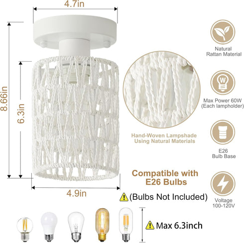 2-Pack Rattan Ceiling Lights Flush Mount, Close to Ceiling Light Fixtures with Rattan Shade, Boho Hand-Woven Farmhouse