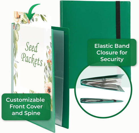 Samsill Seed Packet Organizer, 4 Pocket Reusable Garden Seed Storage Protector, 3.5" x 5" Clear Pocket Sleeves, Garden Planner Packet, 32 Pockets, Holds Up to 64 Packets, Green
