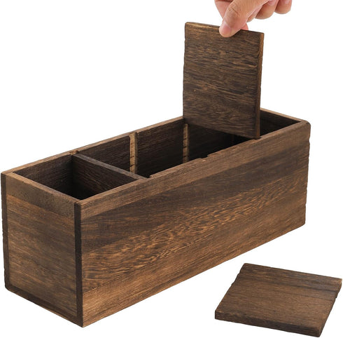 Dicunoy 2 Pack Wooden Pencil Holder for Desk, Rustic Wood Remote Control Caddy, Retro Table Organizer with 4
