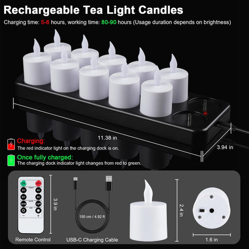 12pcs Esup Rechargeable Tea Lights Candles Flameless Flickering Candles with Remote Control Timer & Charging Base