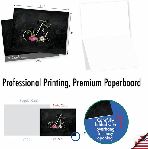 The Best Card Company - 10 Initial Letter A Assorted Blank Notecards, Floral Monogrammed Personal Stationery