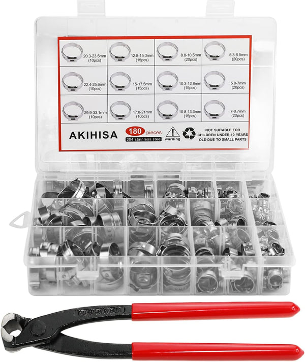 AKIHISA 180 PCS Single Ear Hose Clamps, 12 Sizes 5.3-33.1mm Crimp Clamps with Pincer and 304 Stainless Steel