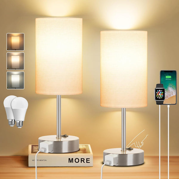 ZJOJO Table Lamp for Bedroom Set of 2, Small Bedside Lamps with 3 Way Dimmable Rocker Switch and AC Outlet, Nightstand