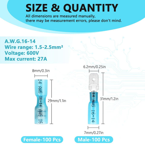 200 Pcs Heat Shrink Spade Connectors, Male and Female Spade Connectors, Blue Heat Shrink Wire Terminals, Insulated Quick Disconnect Electrical Terminals (16-14 Gauge)