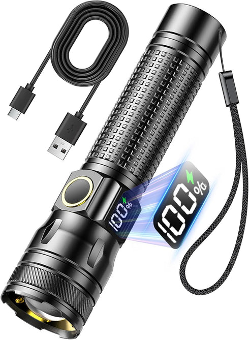 Gotellx Rechargeable LED Flashlights with Digital Power Display, Zoomable High Lumens Bright EDC
