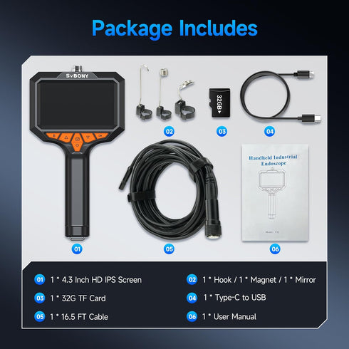 SVBONY 8 1920P 4.3'' Screen,16.4 32G Borescope Camera with Light, Video Inspection Scope with LED Lights, HD Industrial