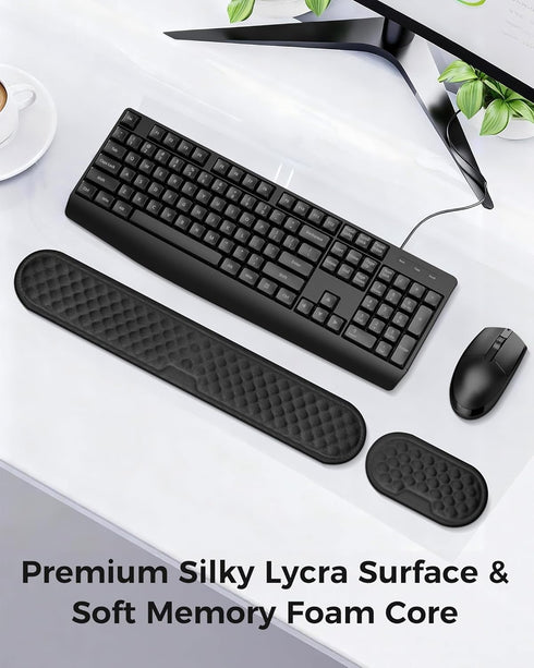 Set Wrist Rest for Keyboard and Mouse, Ergonomic Wrist Support with Memory Foam, Silky Lycra Cover, Non-Slip Base