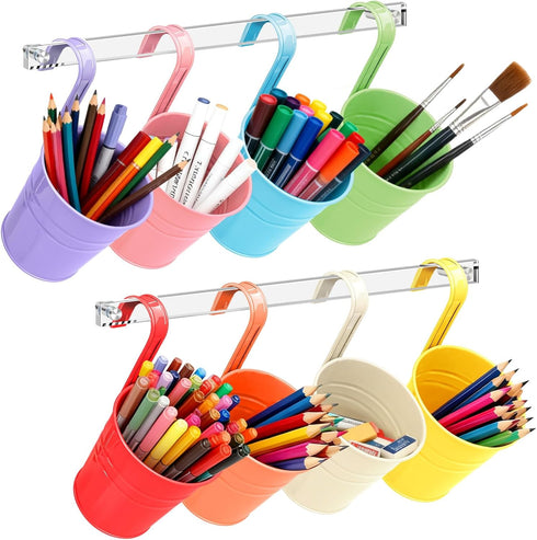 8 Pack Vowcarol Metal Pencil Holder Crayon Organizer for Classroom with Hanging Rack for Wall, Crayon Holder Hanging