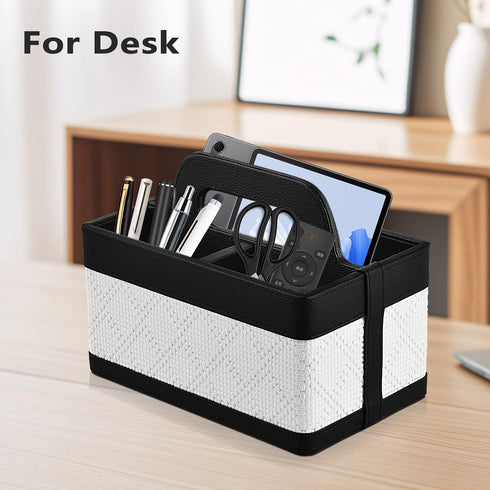 Desk Organizer Caddy with Handle-Portable PU Leather Remote Control Holder-Nightstand Dresser Tote Storage