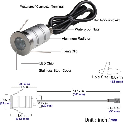 LED In-Ground Well Light, Mini 15 Narrow Beam Angle Spotlight, 1W 12V-24V DC, Warm White