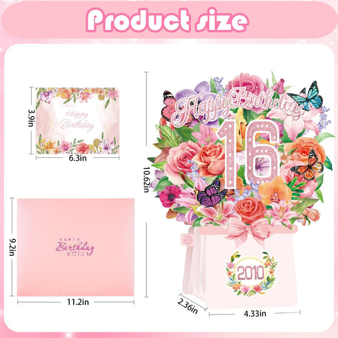 OLOSONG 16th 16 10 Inch 3D 2010 Sweet Birthday Cards, Light and Music Years Old Happy Birthday Card, Rose Lily Orchid