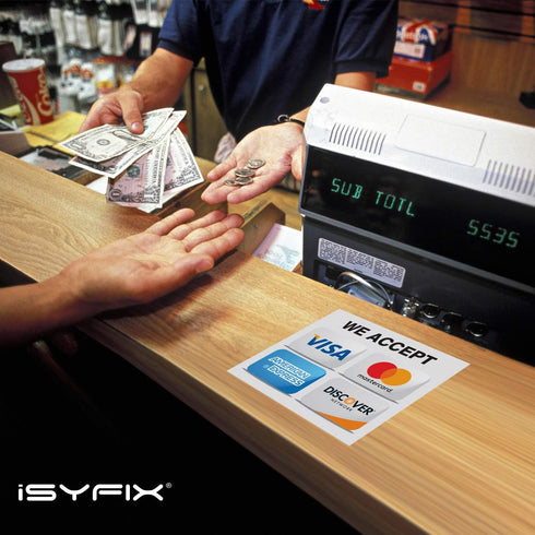 iSYFIX Credit Card Sticker Signs, 4 Pack 7-x 6-Inch, We Accept Visa, MasterCard, Amex & Discover