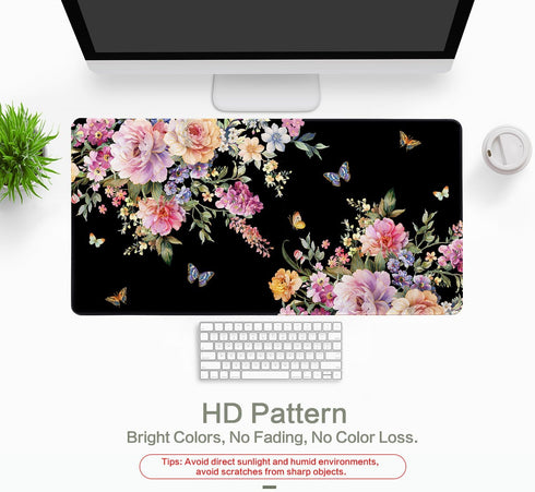 Vimorco Pink Floral Butterfly Flower Desk Mat Mouse Pad, XXL Extended Gaming Mousepad for Women, 31.2x15.6 in