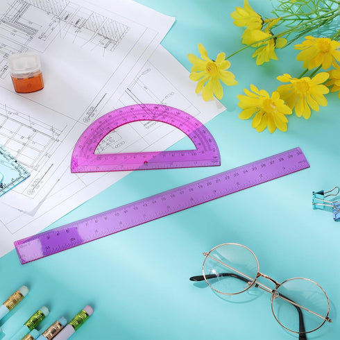 Zonon 2 Pack 12'' 6'' Set Set Plastic Ruler and Plastic Protractor Clear Ruler Protractor Math Geometry Supplies