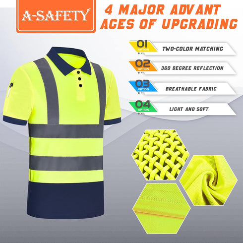 High Visibility Polo Shirt, Short Sleeve Job Safety Reflective Gear, Yellow, Medium
