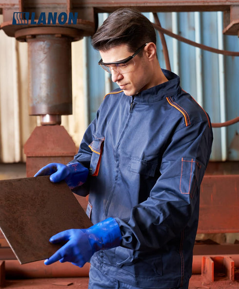 LANON PVC Chemical Resistant Gloves, Heavy-Duty Rubber Gloves, Non-Slip, Blue, Large, Acid, Alkali, Oil Protection