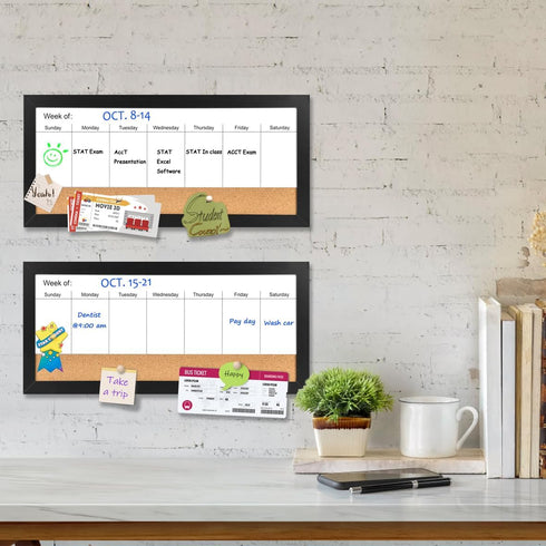 Magnetic Weekly Dry Erase White Board and Cork Board, Black Wood Frame for Home Office Decor
