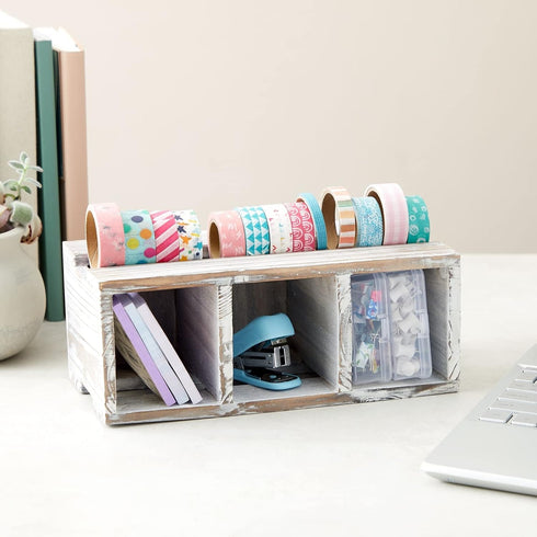 Juvale Rustic-Style Desk Pencil Holder with 3 Compartments - Farmhouse Decor and Wooden Organizer for Pen and Office Accessories by Juvale